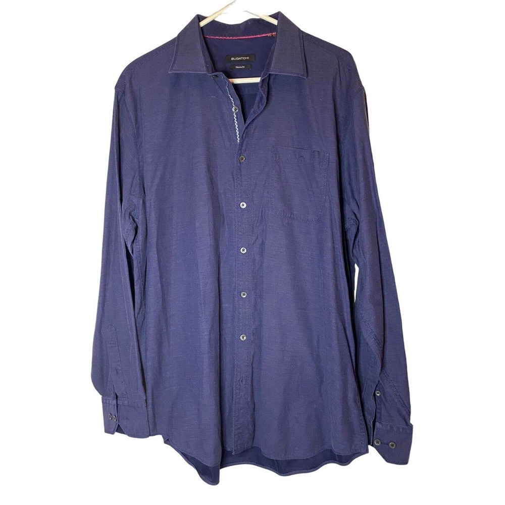 BUGATCHI Classic Fit 100% Cotton Dark Blue Long Sleeve Casual Shirt Size XL